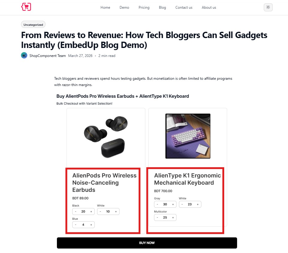 Monetize Blog with Shopify Products - EmbedUp product page