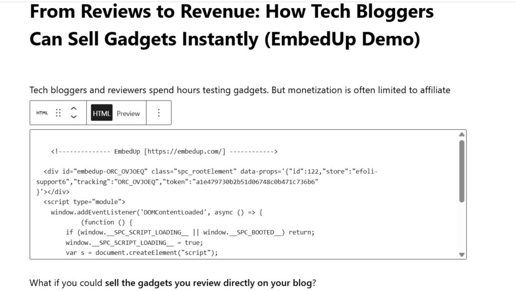 Monetize Blog with Shopify Products - embedup on shopify app store - EmbedUp blog code